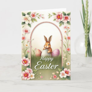 Cartes Pour Fêtes Annuelles Vintage lapin de Pâques et cadre floral Classique 