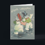 Cartes Pour Fêtes Annuelles Vintage Merrie Christmas Snowman Couple<br><div class="desc">Belle image de Noël Vintage avec un couple de neige en patinage sur glace.</div>