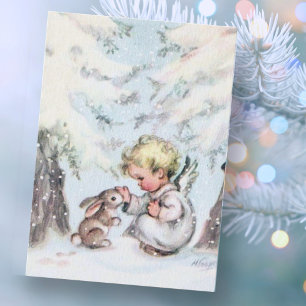 Cartes Pour Fêtes Annuelles Vintage Noël Ange Bébé et Lapin Vacances