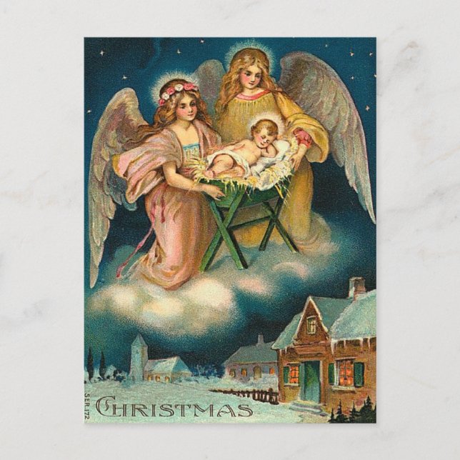 Cartes Pour Fêtes Annuelles Vintage Noël Angel Nativité (Devant)