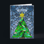 Cartes Pour Fêtes Annuelles Vintage Noël Arbre Vitré<br><div class="desc">Ces belles cartes de voeux de Noël pliées de 5" x 7" présentent un motif en vitrail d'aquarelle fait main avec un sapin de Noël avec une étoile d'or avec des ornements rouges avec un arrière - plan dans les tons bleus. Le message d'accueil modifiable est "Joyeux". Le dos a...</div>