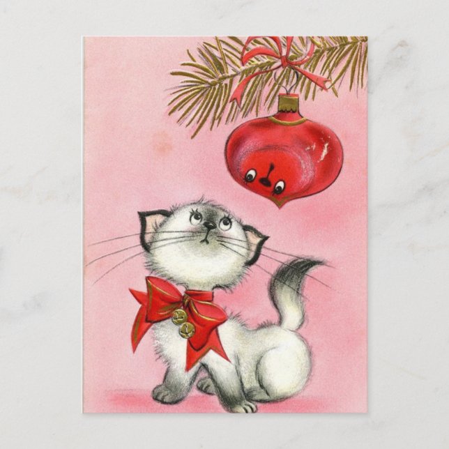 Cartes Pour Fêtes Annuelles Vintage Noël Blanc Kitty (Devant)