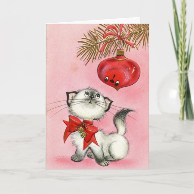 Cartes Pour Fêtes Annuelles Vintage Noël Blanc Kitty (Devant)