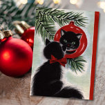 Cartes Pour Fêtes Annuelles Vintage Noël Chat Noir Regardant L'Ornement<br><div class="desc">Chat Noir Vintage De Noël Regardant La Réflexion Dans L'Ornement.</div>
