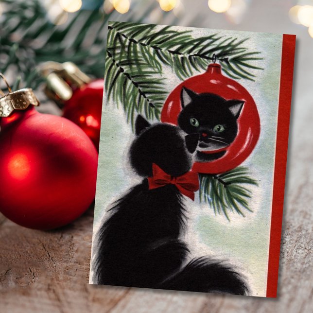 Cartes Pour Fêtes Annuelles Vintage Noël Chat Noir Regardant L'Ornement (Créateur téléchargé)