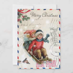 Cartes Pour Fêtes Annuelles Vintage Noël Enfants Riding traîneau
