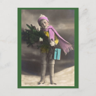 Cartes Pour Fêtes Annuelles Vintage Noël garçon, arbre et cadeaux