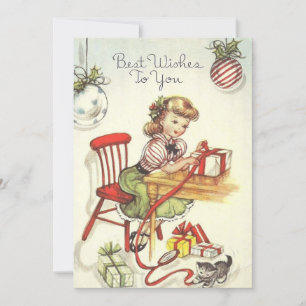 Cartes Pour Fêtes Annuelles Vintage Noël Girl Wrapping présente