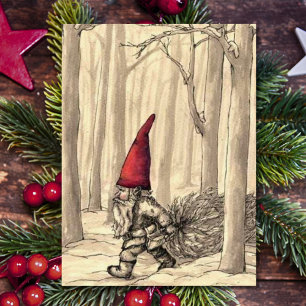 Cartes Pour Fêtes Annuelles Vintage Noël Gnome Couper l'arbre de Noël