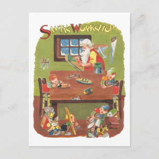 Cartes Pour Fêtes Annuelles Vintage Noël Père Noël avec elfes dans l'atelier