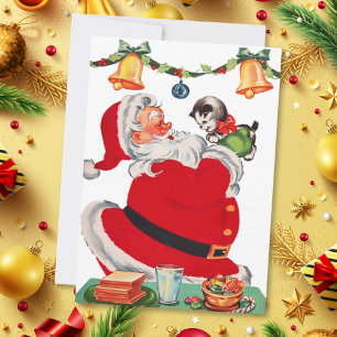 Cartes Pour Fêtes Annuelles Vintage Noël Père Noël Holding Kitten