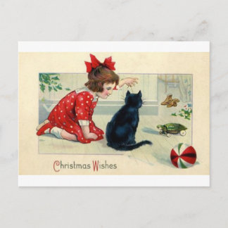 Cartes Pour Fêtes Annuelles Vintage Noël Print Girl and Cat