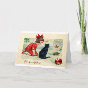 Cartes Pour Fêtes Annuelles Vintage Noël Print Girl and Cat