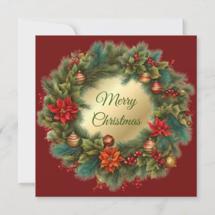 Cartes Pour Fêtes Annuelles Vintage Noël Rouge Poinsettia, Berries Wreath