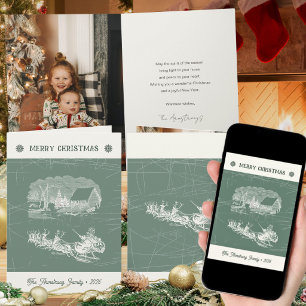 Cartes Pour Fêtes Annuelles Vintage Noël Vert Sauge Père Noël Traîneau de Noël