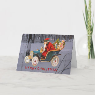 Cartes Pour Fêtes Annuelles Vintage Père Noël en voiture à la ville Scène de n