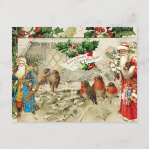 Cartes Pour Fêtes Annuelles Vintage Père Noël, Holly Berry et Collage d'oiseau