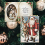 Cartes Pour Fêtes Annuelles Vintage Père Noël Père Noël Reindee Découpage<br><div class="desc">Cottagecore papier découpage de Noël esthétique avec un renne et le Père Noël, Saint Nicolas, Père Noël dans sa cape de velours rouge portant son dos de cadeaux marchant à travers la neige. L'image vintage en détresse avec l'écriture manuscrite ephemera recouvre doucement l'arrière - plan. Ce dessin a été dessiné...</div>