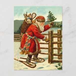 Cartes Pour Fêtes Annuelles Vintage Père Noël raquette bois forêt trekking rus