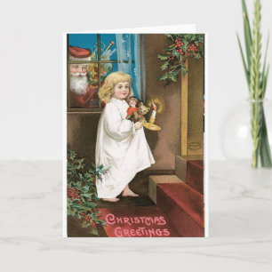 Cartes Pour Fêtes Annuelles Vintage Père Noël regardant par fenêtre la fille