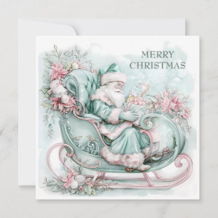 Cartes Pour Fêtes Annuelles Vintage Père Noël Sleigh Noël bleu Turquoise rose