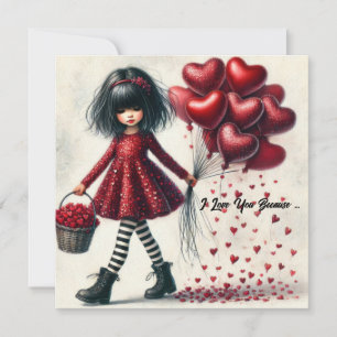 Cartes Pour Fêtes Annuelles Vintage petite fille aquarelle tenant le coeur rou