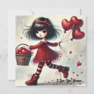 Cartes Pour Fêtes Annuelles Vintage petite fille aquarelle tenant le coeur rou