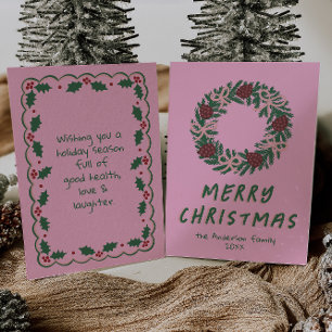 Cartes Pour Fêtes Annuelles Vintage Pink Green Bows Wreath Noël non photo