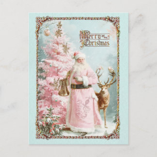 Cartes Pour Fêtes Annuelles Vintage pink Santa Claus deer tree Christmas card