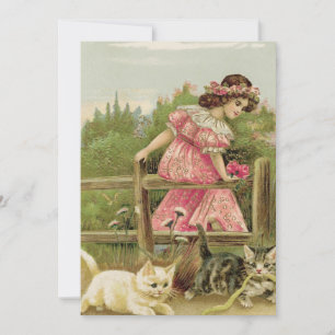 Cartes Pour Fêtes Annuelles Vintage Printemps Fille regarder les chatons jouer