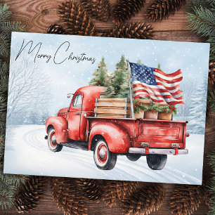 Cartes Pour Fêtes Annuelles Vintage Red Christmas Truck USA Drapeau Patriotiqu
