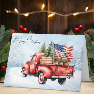 Cartes Pour Fêtes Annuelles Vintage Red Christmas Truck USA Drapeau Patriotiqu