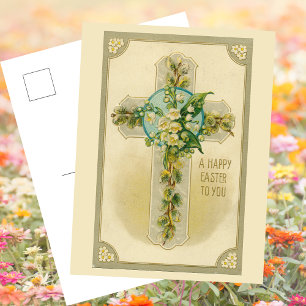 Cartes Pour Fêtes Annuelles Vintage Religieux Chrétien Pâques Croix Florale