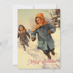 Cartes Pour Fêtes Annuelles Vintage rétro enfants traditionnels jouer la neige
