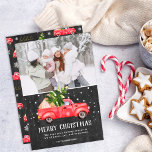 Cartes Pour Fêtes Annuelles Vintage retro red truck Christmas tree chalk photo<br><div class="desc">Merry Christmas ! Vintage retro red truck watercolor illustration and green christmas tree ee with white snow on rustic black chalkboard,  add 1 photo. Parfait hiver and holidays card.</div>