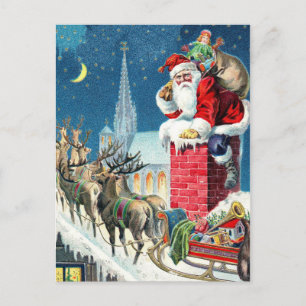 Cartes Pour Fêtes Annuelles Vintage Rooftop Santa & Sleigh Christmas