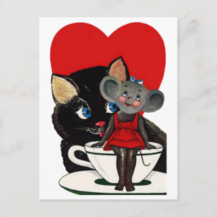 Cartes Pour Fêtes Annuelles Vintage Saint Valentin, Chat Mouse Tea Cup Coeur