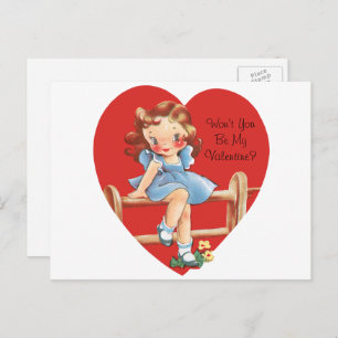 Cartes Pour Fêtes Annuelles Vintage Saint Valentin, Fille sur une clôture