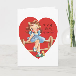 Cartes Pour Fêtes Annuelles Vintage Saint Valentin, Fille sur une clôture