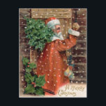 Cartes Pour Fêtes Annuelles Vintage Santa Claus in Orange Robe - Christmas<br><div class="desc">A Merry Christmas. Vintage Xmas image from an antique postcard ca. 1910. Santa has on an orange robe and has a tree over his shoulder . He is carrying a small bag of toys, knocking on an old wooden door. Very European style Santa. Most Christmas cards in the early 1900s...</div>
