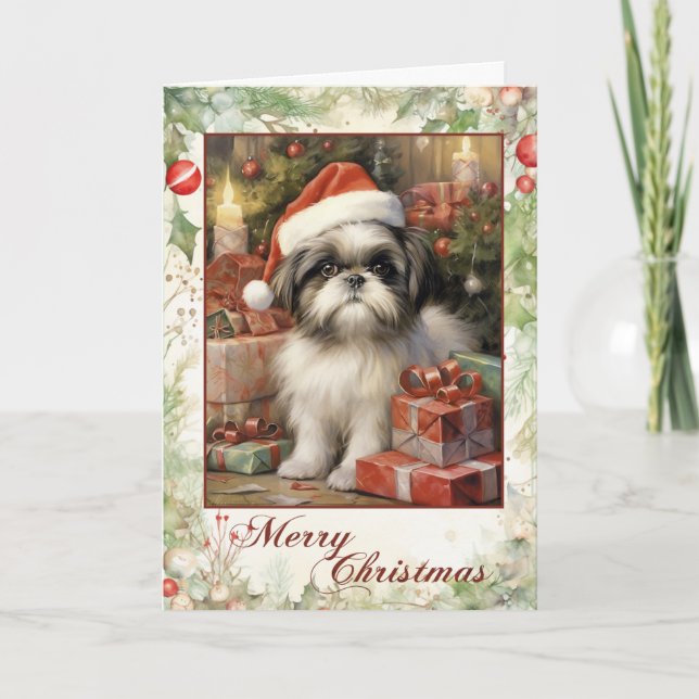 Cartes Pour Fêtes Annuelles Vintage Shih Tzu Noël (Devant)