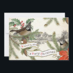 Cartes Pour Fêtes Annuelles Vintage Songbird Joyeux Village de Noël À feuillag<br><div class="desc">Deux oiseaux chanteurs européens perchés sur des boughs à feuillage persistant ornés de saints et de poinsettia avec une petite ville au loin. Sur la banderole vintage on peut lire "Je vous souhaite un joyeux Noël".</div>