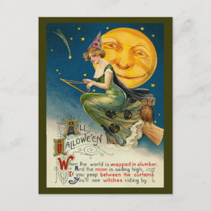 Cartes Pour Fêtes Annuelles Vintage sorcière d'Halloween volant sur sa chambre
