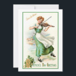 Cartes Pour Fêtes Annuelles Vintage St. Patrick's Day Irish Lass<br><div class="desc">Festive St. Patrick's Day salutation mettant en vedette une jolie lasse irlandaise en robe verte jouant du violon avec l'arrière - plan rural et Erin Go Bragh message.</div>