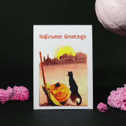 Cartes Pour Fêtes Annuelles Vintage Sunset Chat noir Citrouille Halloween