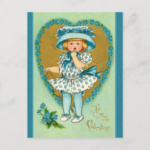 Cartes Pour Fêtes Annuelles Vintage Valentine Girl habillée en Pois Bleu