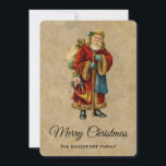 Cartes Pour Fêtes Annuelles Vintage Vieux Monde Noël Père Noël<br><div class="desc">Une carte de vacances de Noël à plat avec un Père Noël vintage de l'Ancien Monde. Père Noël classique du vieux monde, portant son fameux manteau rouge et portant un sac plein de jouets. Cette Père Noël à l'ancienne, mince et munie d'un bâton de marche pour voyager à travers le...</div>