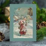 Cartes Pour Fêtes Annuelles Vintage Vieux Monde Père Noël à neige<br><div class="desc">Père Noël à la robe rouge marchant à travers la neige avec ses bras remplis de jouets. L'arrière comporte des champs de étiquette vierge et de texte modifiables personnalisés.</div>