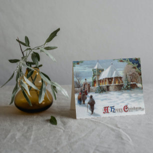 Cartes Pour Fêtes Annuelles Vintage Vieux Noël Église d'hiver Personnes à l'ex