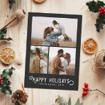 Cartes Pour Fêtes Annuelles Vintage Winter Oranges 3 Photo Collage<br><div class="desc">Ce magnifique carte photo de vacances présente une typographie vintage,  "Happy Holidays,  avec trois modèles photo. Le dos de la carte présente un design vintage d'oranges et de fleurs d'hiver.</div>